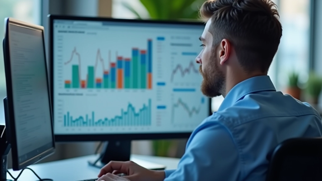 Person analysiert Wirtschaftsdaten auf großem Monitor mit Grafiken
