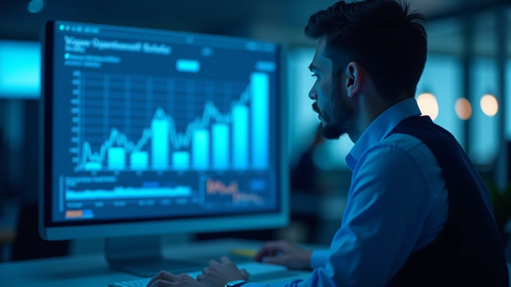 Geschäftsmann schaut auf wirtschaftliche Datenvisualisierung auf Computerbildschirm mit Trend-Grafiken