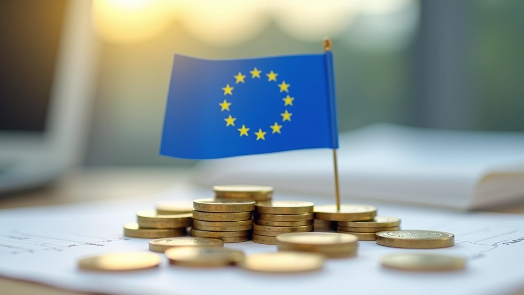Europäische Flaggen und Münzen arrangiert auf Schreibtisch symbolisieren Eurozone und gemeinsame Währung