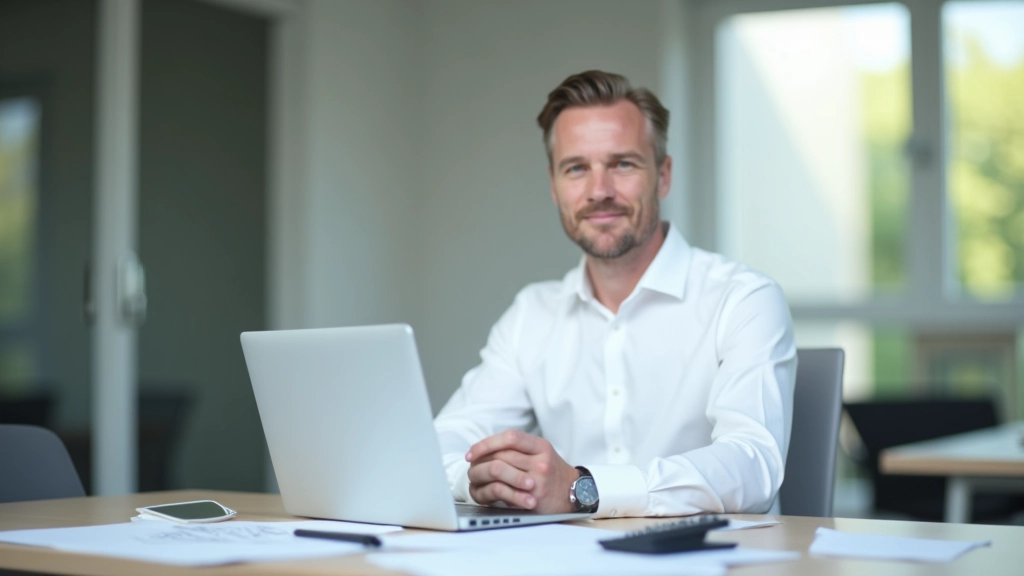 Finanzberater mit Laptop und gedruckten Berichten an modernem Schreibtisch