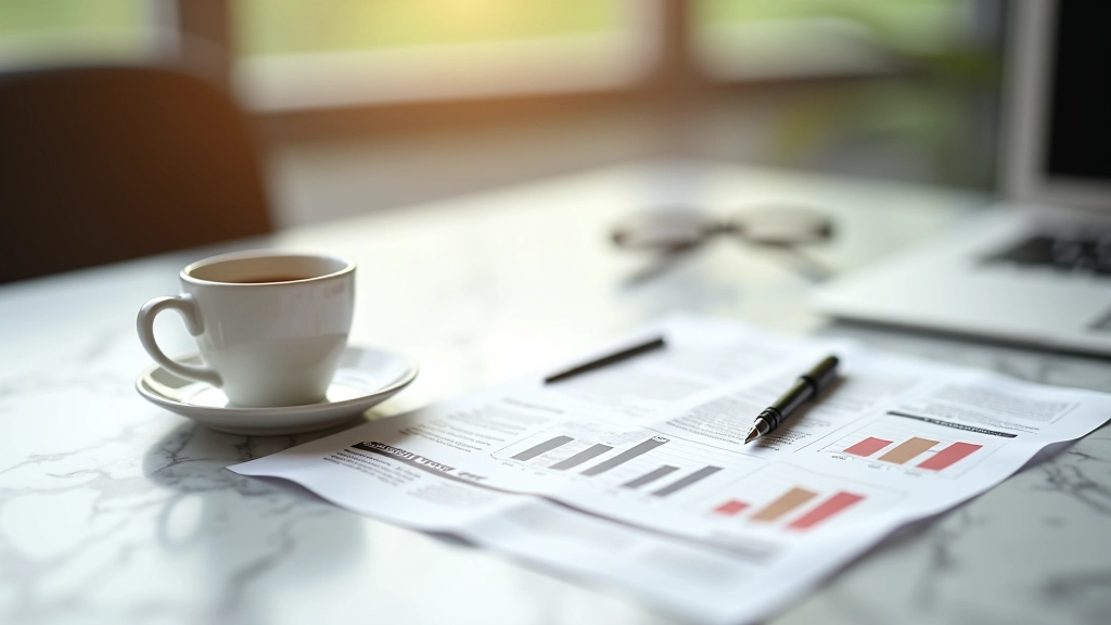 Finanzzeitung und Kaffee auf Marmortisch mit optimaler Beleuchtung