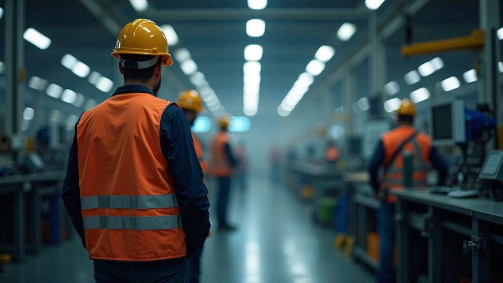 German manufacturing facility with industrial equipment and workers in safety gear
