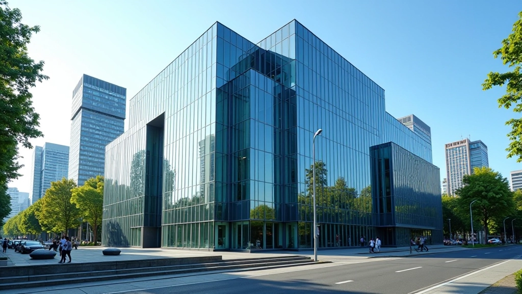 Zentrale Bank Gebäude mit moderner Architektur und reflektierenden Fassaden