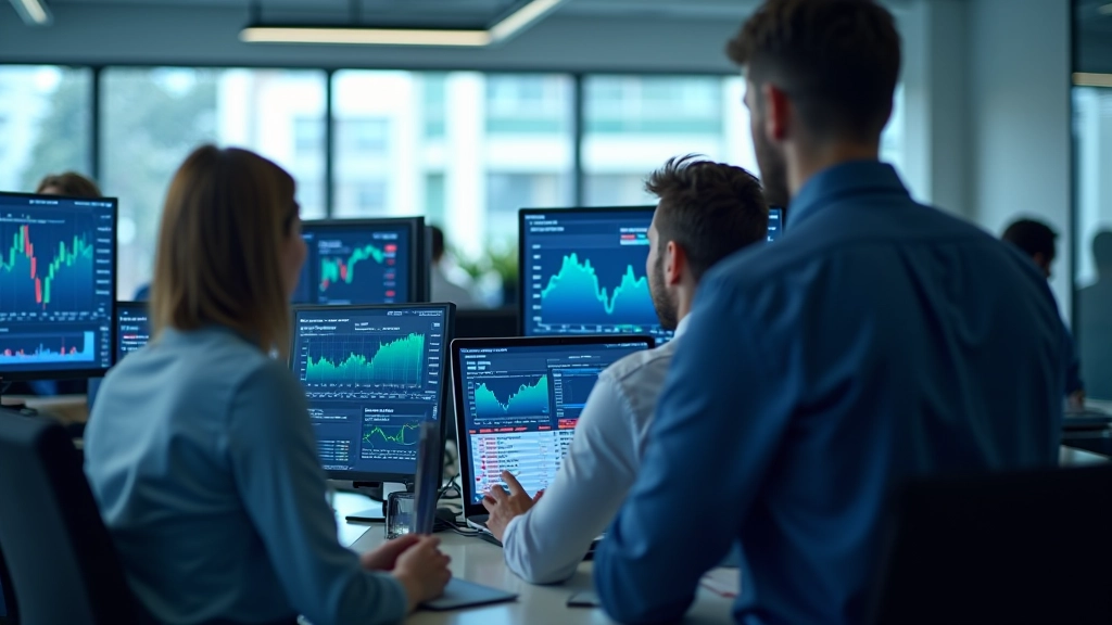 Finanzanalyse-Arbeitsplatz mit wirtschaftlichen Daten und Marktdiagrammen