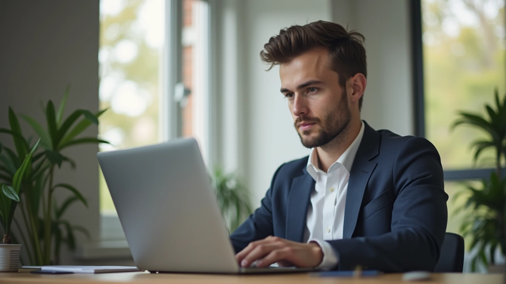 Junger Mensch analysiert Finanzinformationen am Laptop in Homeoffice